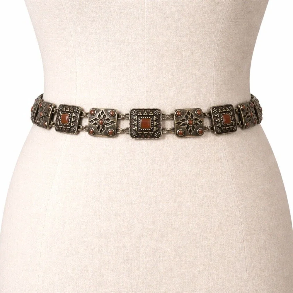 Vintage 90's Antique Brass Hammered Square Brown Cabochon Chain Belt size L / XL